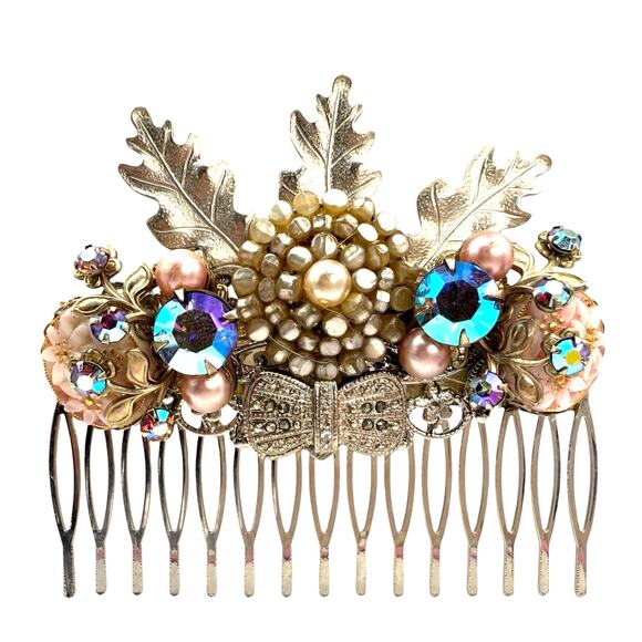Lavender Bridal Hair Comb Wedding Silver Leaves Pearl Crystal Clip Hairpiece